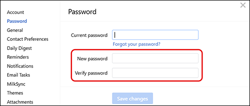 Prompt to enter your current password, new password, and verify password.
